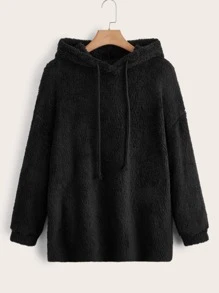 SHEIN EZwear Plus Solid Flannel Sweatshirt, For Winter - Black - View 1