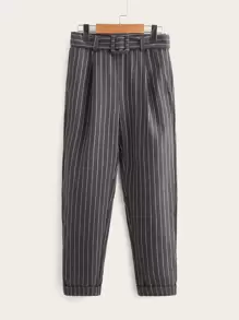 SHEIN 女孩細條紋卷邊長褲 - 深灰色 - 查看 1