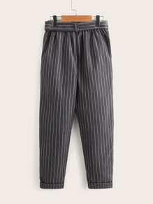SHEIN 女孩細條紋卷邊長褲 - 深灰色 - 查看 2