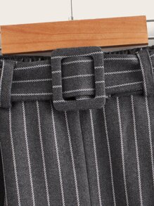 SHEIN 女孩細條紋卷邊長褲 - 深灰色 - 查看 4