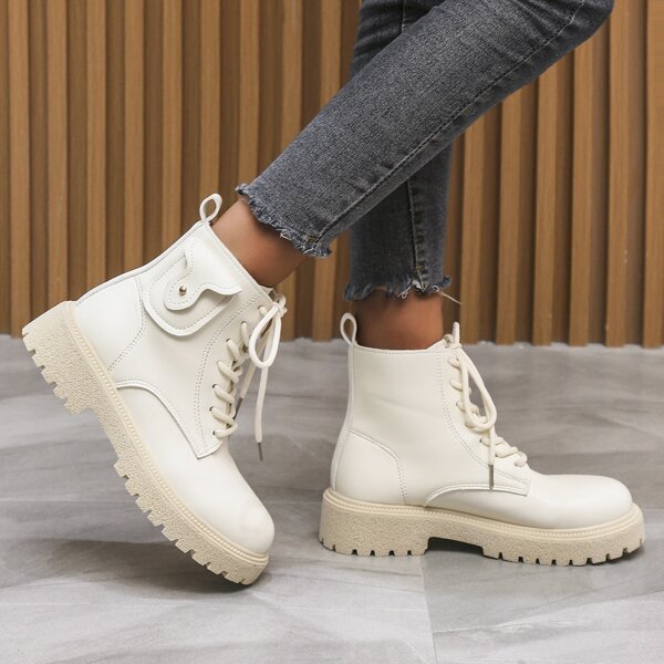 

Pocket Decor Lace-up Front Combat Boots, Beige
