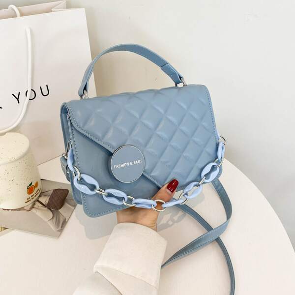

Quilted Pattern Flap Square Bag, Blue