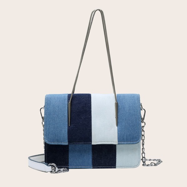 

Denim Plaid Pattern Flap Square Bag, Blue