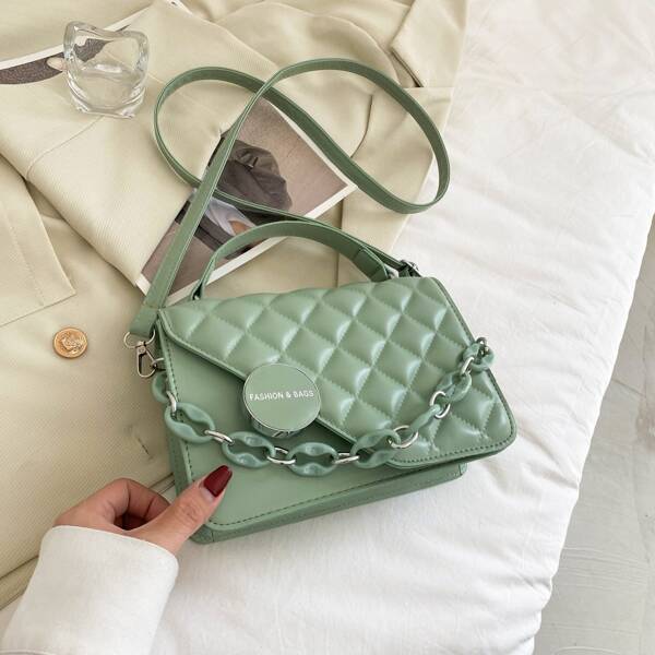 

Quilted Pattern Flap Square Bag, Green