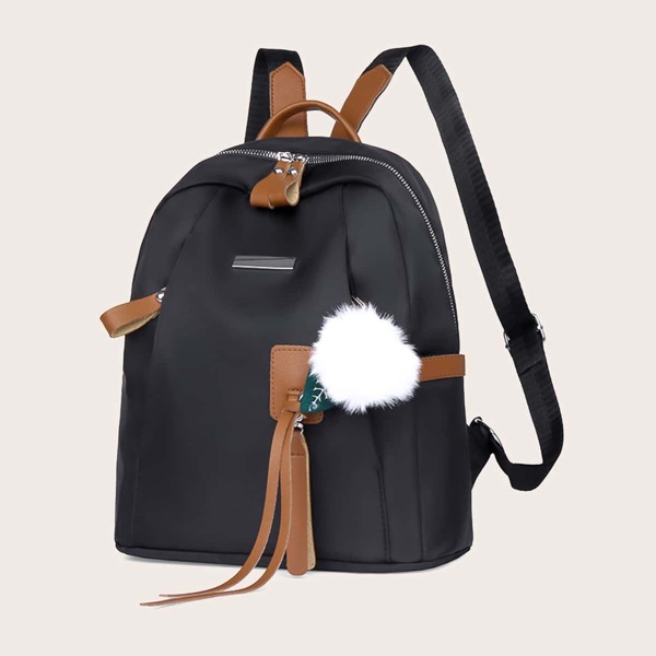 

Pom-pom Decor Classic Backpack, Black