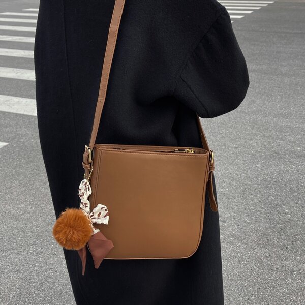 

Scarf & Pom-pom Decor Bucket Bag, Brown