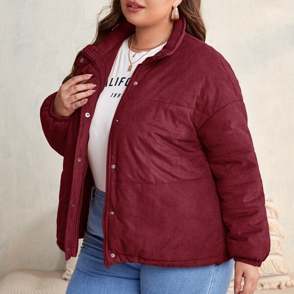 

Plus Zip Up Snap Button Drop Shoulder Puffer Coat, Burgundy