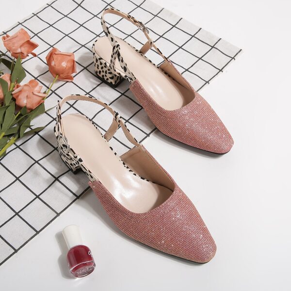 

Glitter Point Toe Chunky Slingback Pumps, Pink