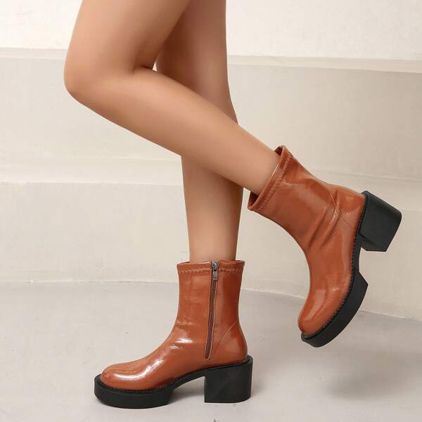 

Minimalist Side Zipper Chunky Heeled Classic Boots, Brown