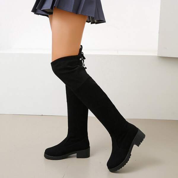 

Over The Knee Tie Back Chunky Boots, Black