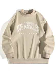 SHEIN EZwear 字母圖案小高領加絨內裏連帽衫 - 米色 - 查看 1