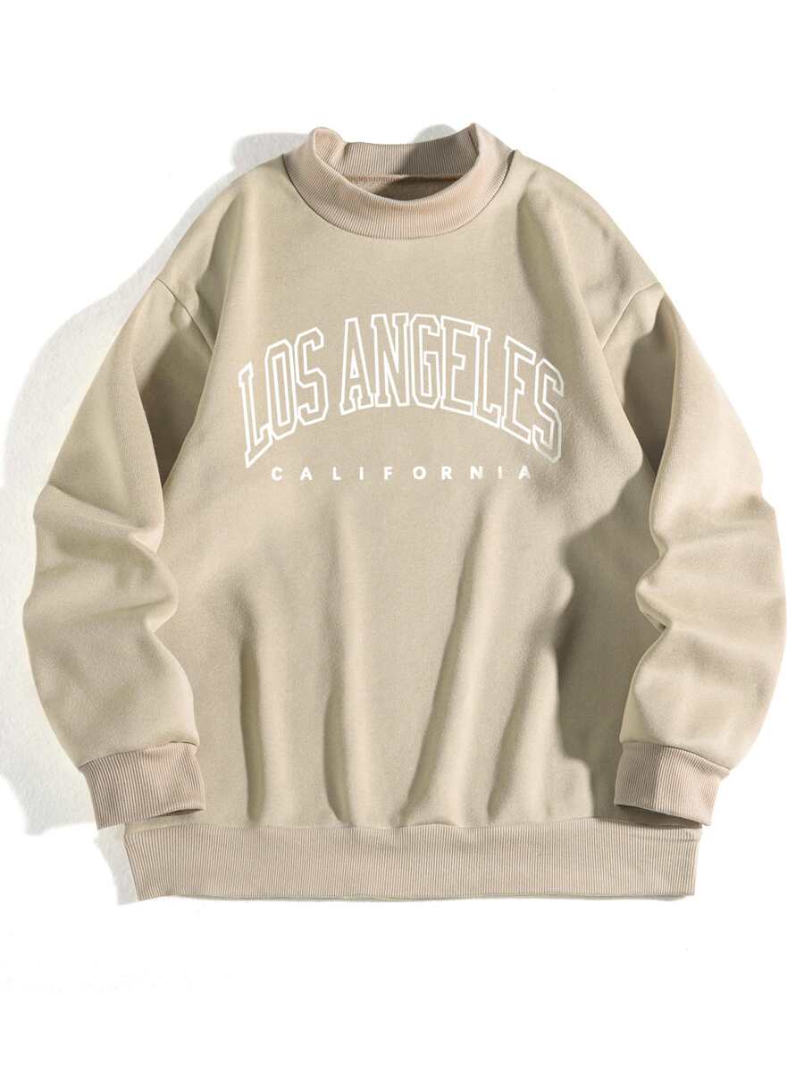 SHEIN EZwear 字母圖案小高領加絨內裏連帽衫 - 米色 - 查看 1