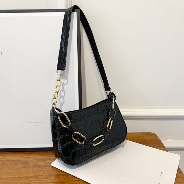 

Crocodile Embossed Chain Decor Baguette Bag, Black
