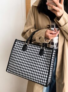 Houndstooth Print Top Handle Bag