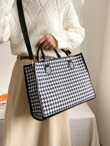 Houndstooth Print Top Handle Bag