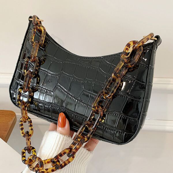

Crocodile Embossed Chain Baguette Bag, Black