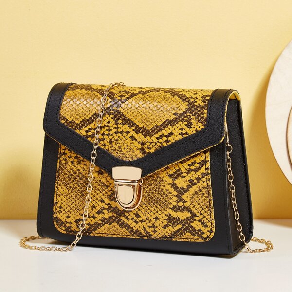 

Snakeskin Print Push Lock Chain Square Bag, Multicolor
