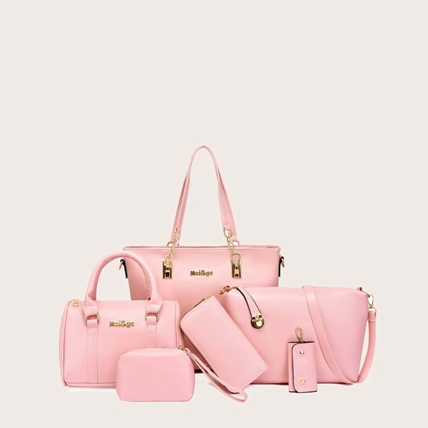 

6pcs Letter Detail Tote Bag Set, Pink