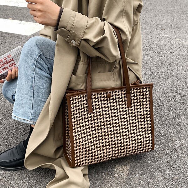 

Houndstooth Pattern Square Bag With Clutch Bag, Multicolor