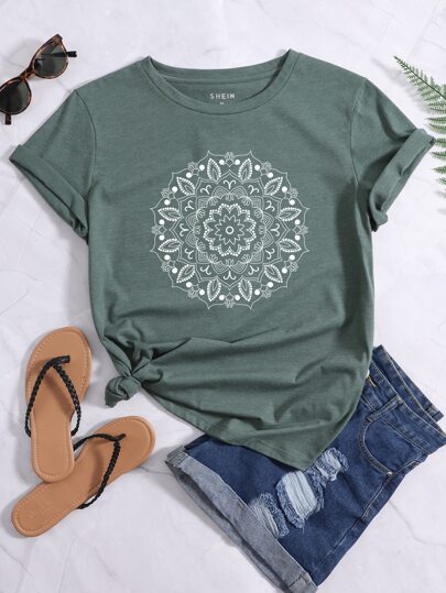 INAWLY Mandala Print Round Neck Tee Graphic Tees Women Tops