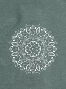 INAWLY Mandala Print Round Neck Tee Graphic Tees Women Tops - Dark Green - View 5