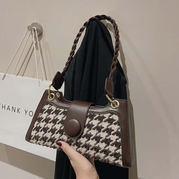 

Houndstooth Graphic Snap Button Square Bag, Multicolor