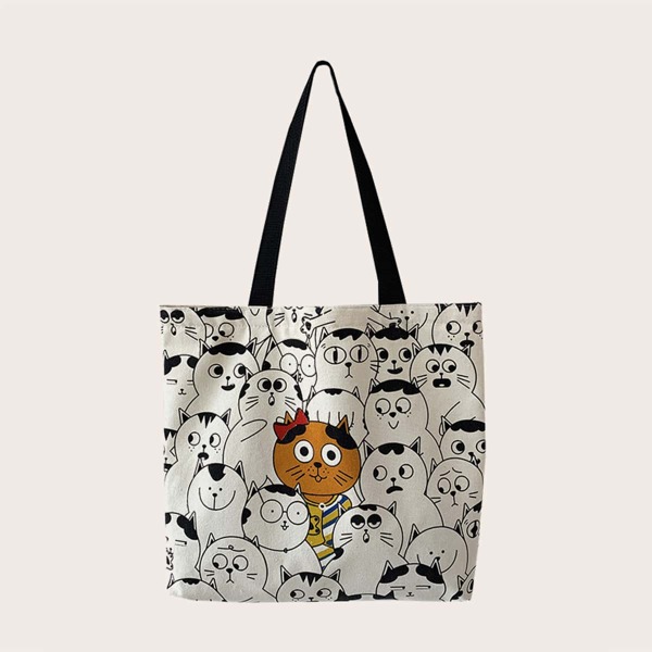 

Cartoon Cat Graphic Shopper Bag, Beige
