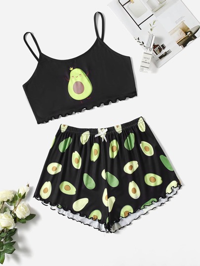 طقم بيجامة صدرية كامي وبنطلون القصير صور رسوم كارتون مقلم نمط نبات الخس