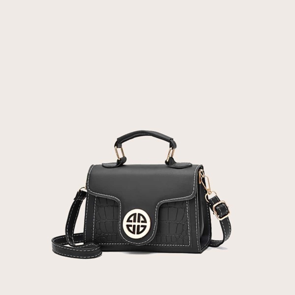 

Crocodile Embossed Flap Satchel Bag, Black