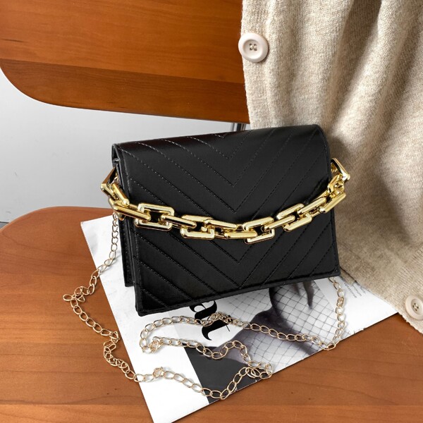 

Chevron Embossed Chain Square Bag, Black