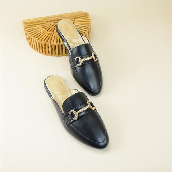 

Horsebit Decor Plush Inside Flat Mules, Black