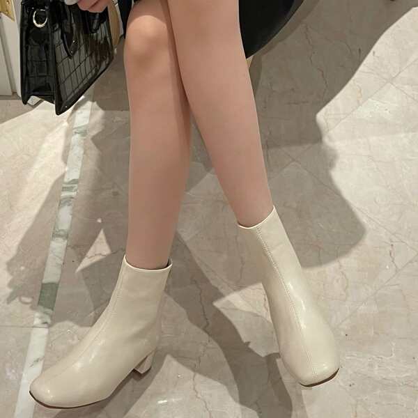 

Square Toe Back Zipper Chunky Boots, Beige