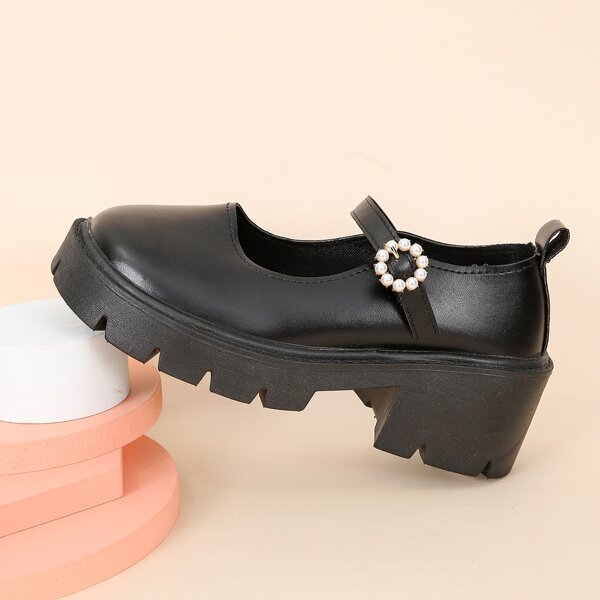 

Faux Pearl Decor Platform Mary Janes, Black