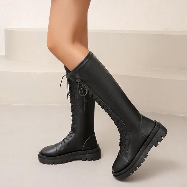 

Slip On Lace Up Design Riding Boots, Black