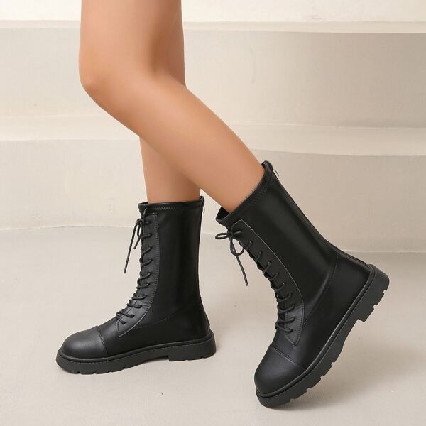 

Lace Up Design Back Zipper Combat Boots, Black