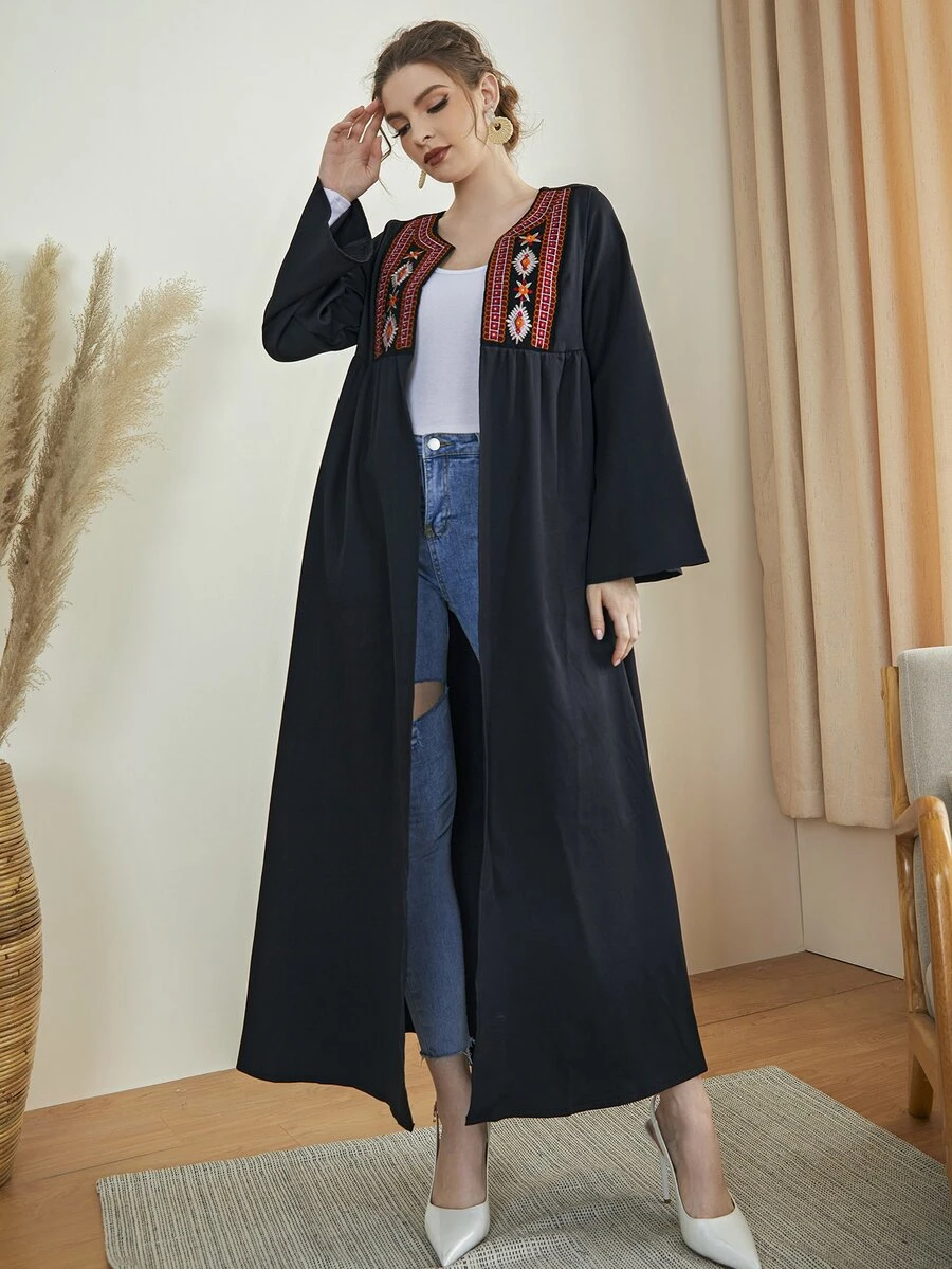 Al Najma Abaya à broderie ouvert - Noir - Voir 1