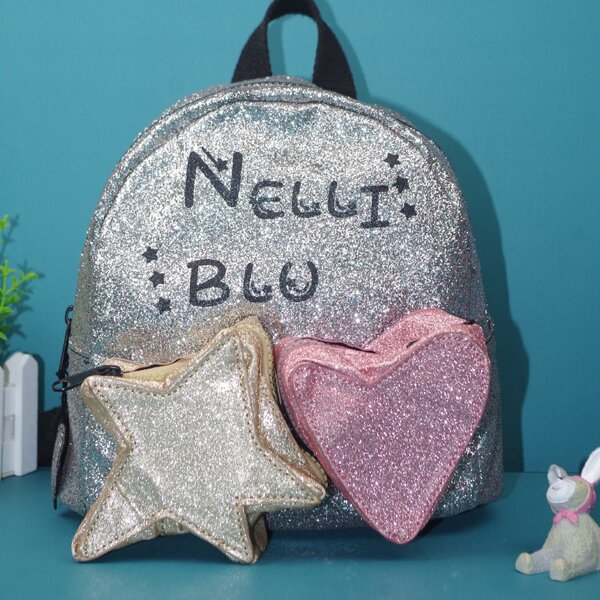 

Girls Glitter Decor Letter Graphic Backpack, Silver