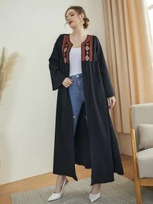 Al Najma Abaya à broderie ouvert - Noir - Voir 4