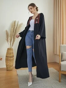Al Najma Abaya à broderie ouvert - Noir - Voir 6