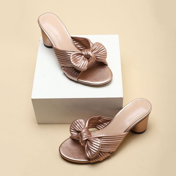 

Metallic Pattern Bow Decor Chunky Heeled Sandal Mules, Champagne