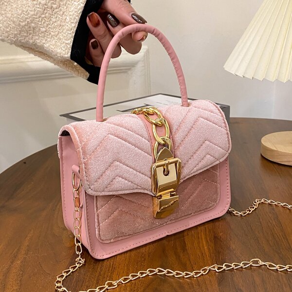 

Velvet Chevron Buckle Decor Square Bag, Pink