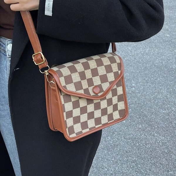

Colorblock Plaid Flap Square Bag, Brown
