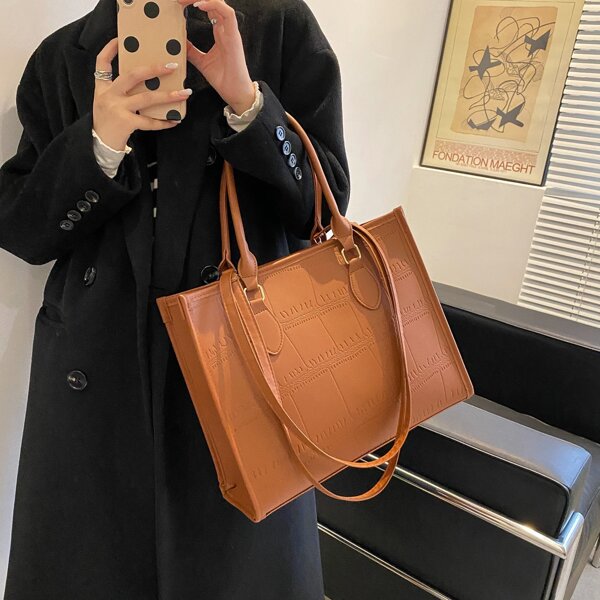 

Crocodile Embossed Top Handle Bag, Brown