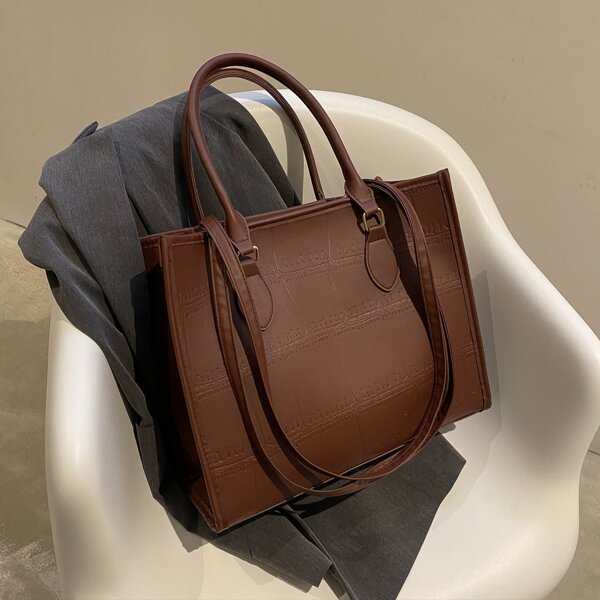 

Crocodile Embossed Top Handle Bag, Coffee brown