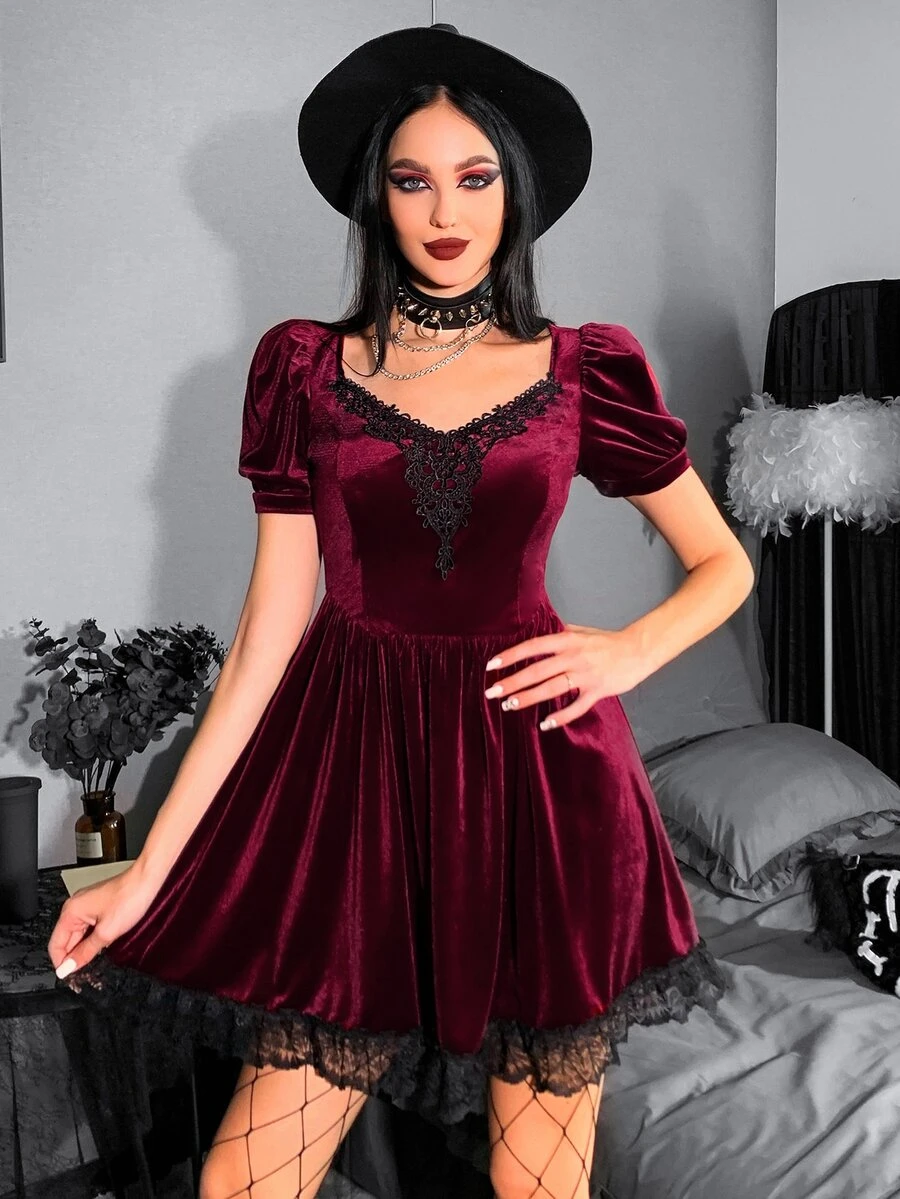 Đầm Tương phản ren Xếp li màu trơn Hấp dẫn - Màu Tím - Xem 1