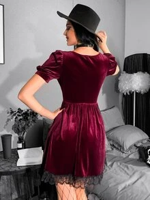 Đầm Tương phản ren Xếp li màu trơn Hấp dẫn - Màu Tím - Xem 2