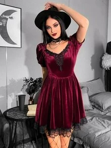 Đầm Tương phản ren Xếp li màu trơn Hấp dẫn - Màu Tím - Xem 3