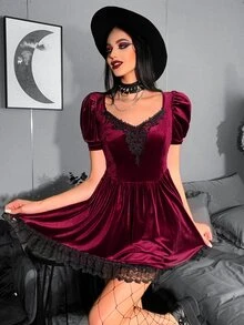 Đầm Tương phản ren Xếp li màu trơn Hấp dẫn - Màu Tím - Xem 5