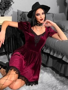 Đầm Tương phản ren Xếp li màu trơn Hấp dẫn - Màu Tím - Xem 7