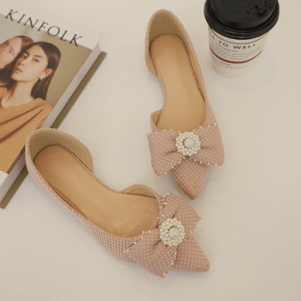 

Faux Pearls & Bow Decor Ballet Flats, Pink